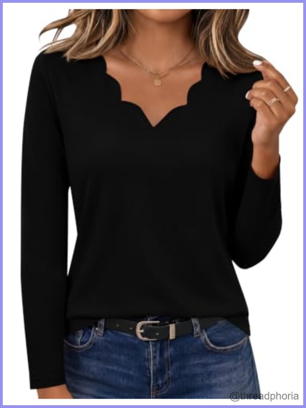 Rapbin Womens Long Sleeve V Neck Scalloped Edge Tunic Top